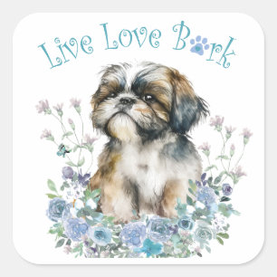 Shih Tzu Hundmamma Blommig Fyrkantigt Klistermärke