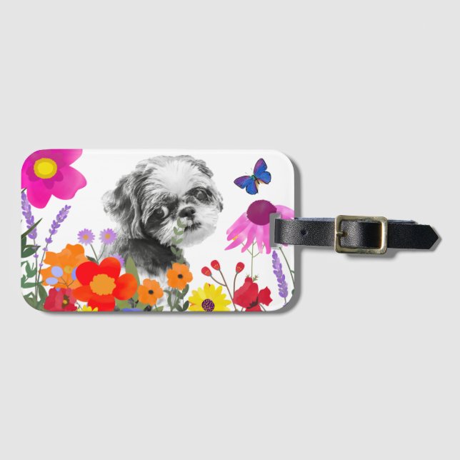 Shih Tzu i Flowers Luggage Tag Bagagebricka (Framsida horisontal)