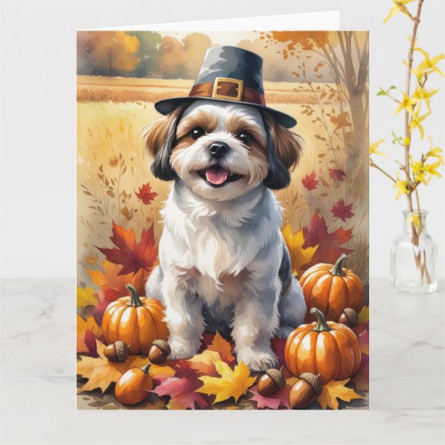 Shih Tzu i Höst löv Thanksgiving Art Kort (Gul blomma)