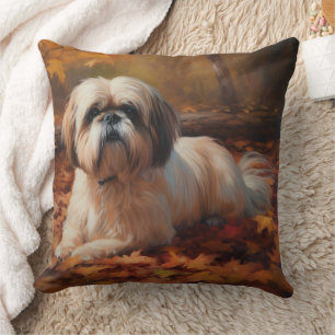 Shih Tzu i höstlöv Fall Inspirerar Kudde