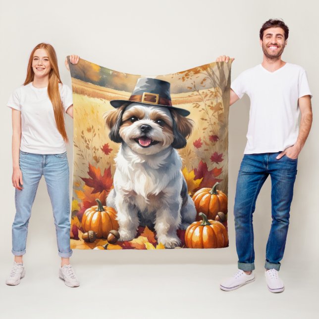 Shih Tzu i höstlöv tackgivande konst Fleecefilt (På plats)