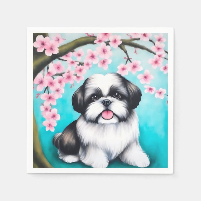 Shih Tzu i Oriental Cherry Blommar Pappersservett (Framsidan)