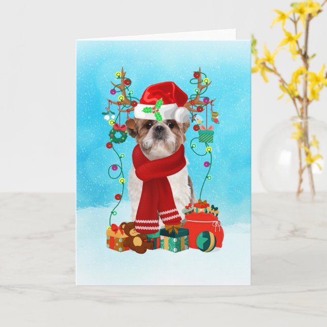 Shih Tzu i snö med julklappar Kort (Gul blomma)