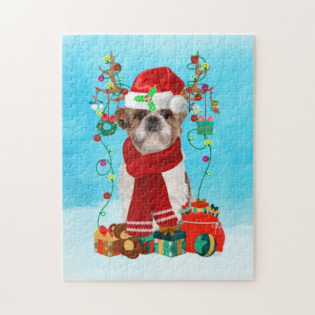 Shih Tzu i snö med julklappar Pussel (Vertikal)