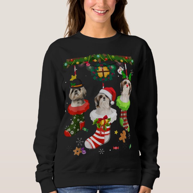 Shih Tzu in Socks jultomten Hat Julafton Ljus T Shirt (Framsida)