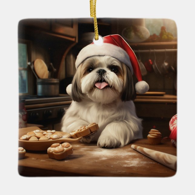 Shih Tzu Jul Cookies Festive Helgdag Julgransprydnad Keramik (Framsida)