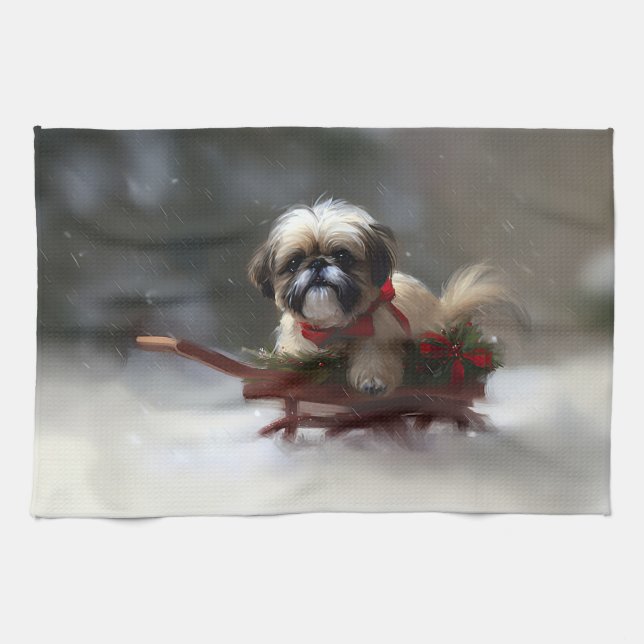 Shih Tzu jul snö vinter Kökshandduk (Horisontell)