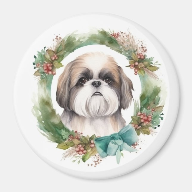 Shih Tzu Julafton Festive Valp Magnet (Framsidan)