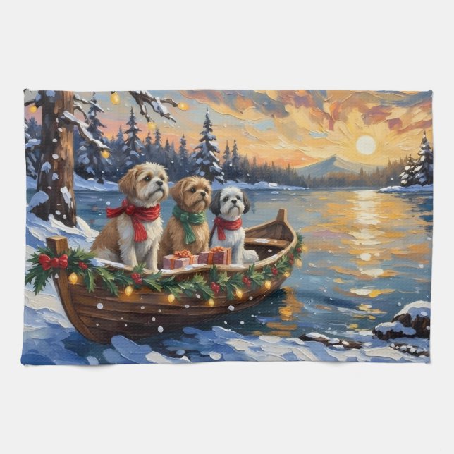Shih Tzu julbåt semester Kökshandduk (Horisontell)