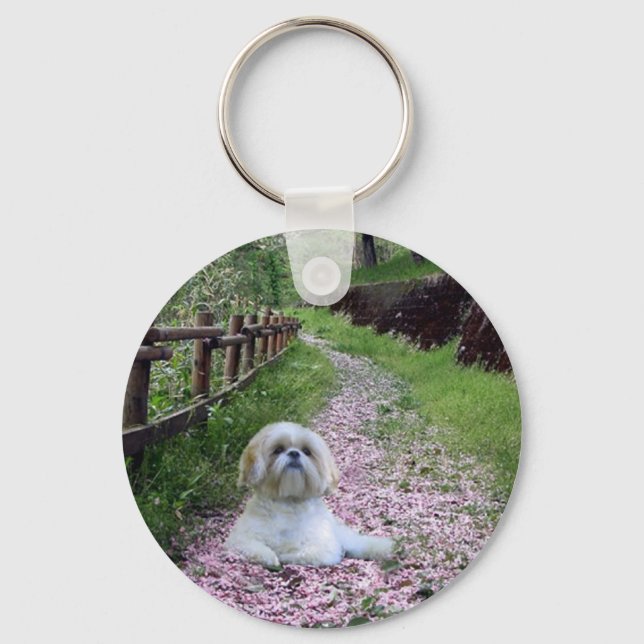 Shih Tzu Keychain Lila blommor Nyckelring (Framsida)