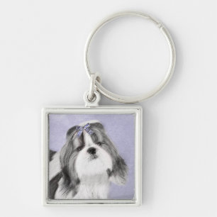 Shih Tzu-målning - Cute Original Hund Art Fyrkantig Silverfärgad Nyckelring