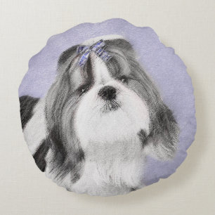 Shih Tzu-målning - Cute Original Hund Art Rund Kudde