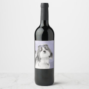 Shih Tzu-målning - Cute Original Hund Art Vinflaska Etikett
