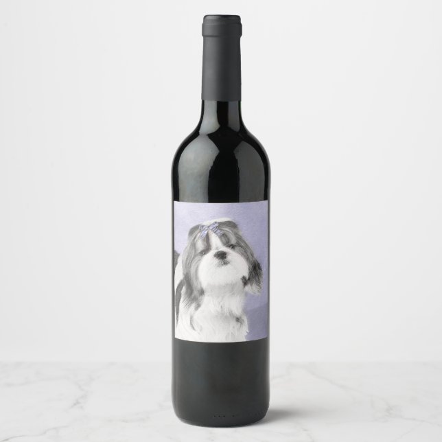 Shih Tzu-målning - Cute Original Hund Art Vinflaska Etikett (Framsida)