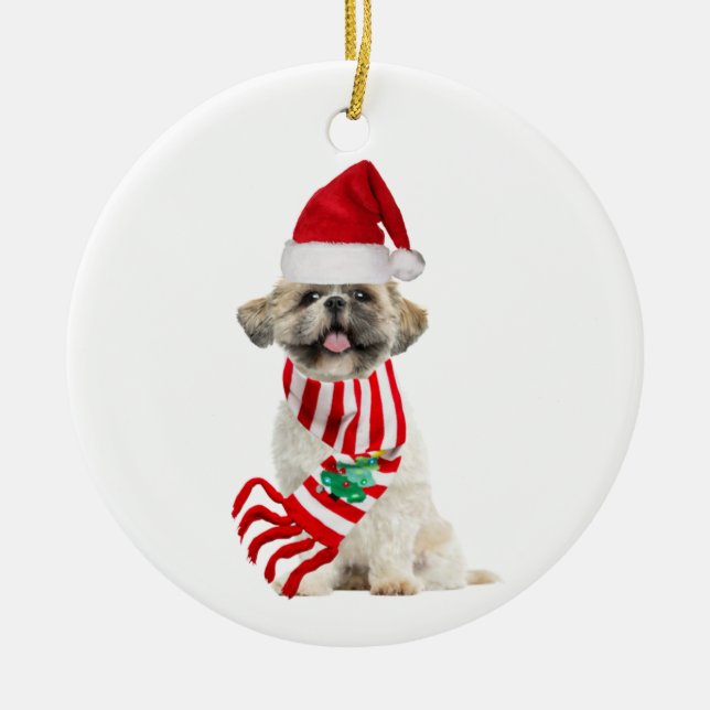 Shih tzu med Hat Scaft-jul Julgransprydnad Keramik (Framsidan)