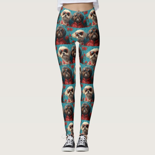 Shih Tzu med hjärtrusor Alla hjärtans dag  Leggings (Framsida)