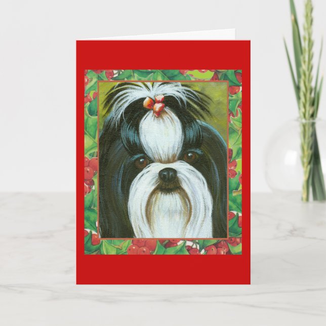 Shih Tzu med Holly till jul Helgkort (Framsida)