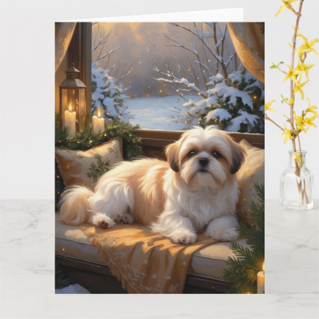 Shih Tzu med jul Ljus Helgdag Kort (Gul blomma)