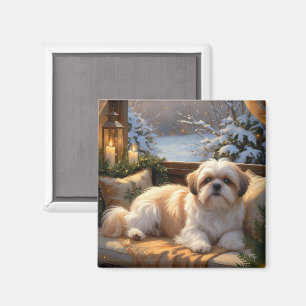 Shih Tzu med jul Ljus Helgdag Magnet