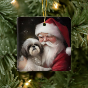 Shih Tzu med Jultomten julafton Julgransprydnad Keramik
