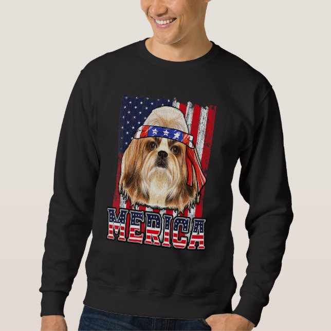 Shih Tzu Merica 4:e juli Hund Patriotic Flagga Lång Ärmad Tröja (Framsida)
