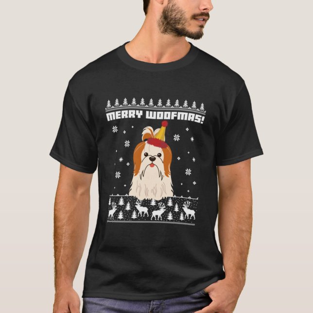 Shih Tzu Merry Woofmas Ugly Christmas Sweater Esse T Shirt (Framsida)