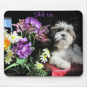Shih tzu och blommor musmatta