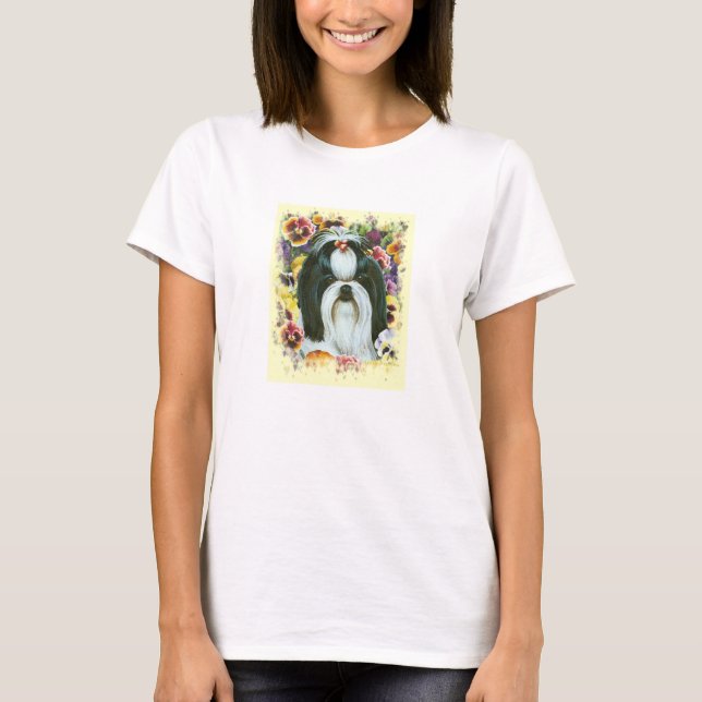 Shih Tzu och Pansies Art Print T-shirt (Framsida)