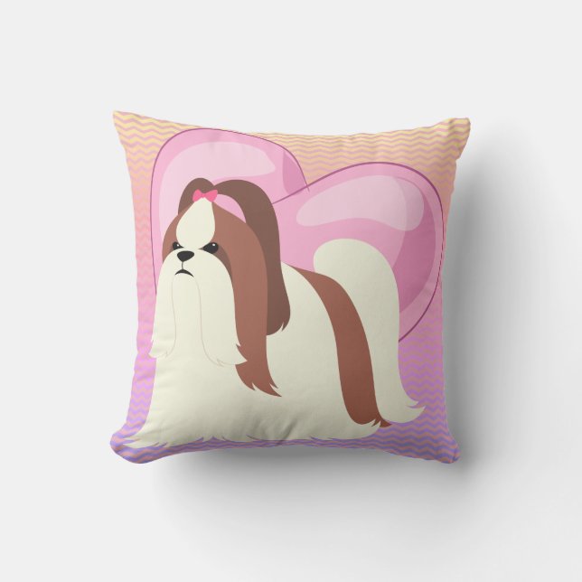 Shih Tzu och Rosa Hjärta Kudde (Framsida)