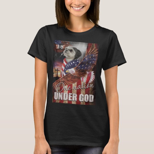 Shih Tzu One Nation Under God Flag Cross Shih Tzu T Shirt (Framsida)