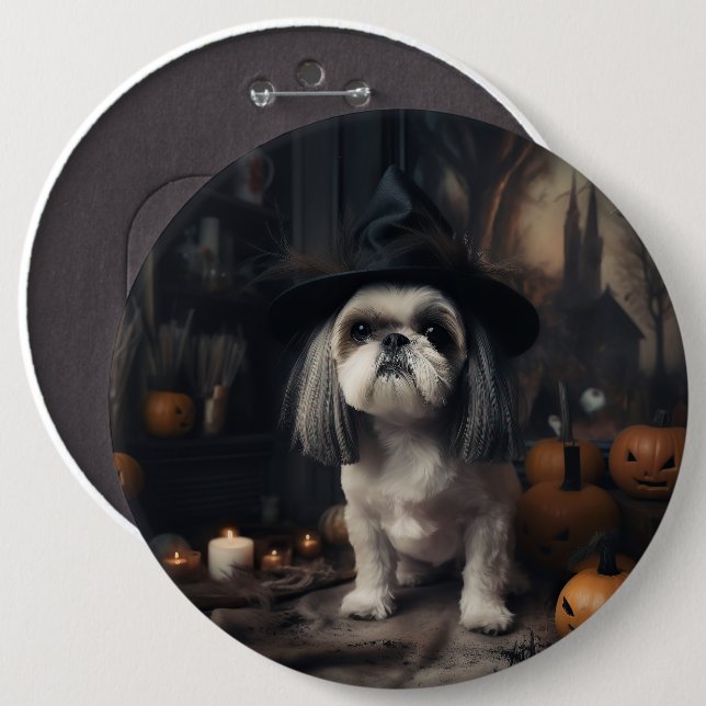 Shih Tzu Pumpa Halloween Skräckinjagande Knapp (Framsida & baksida)