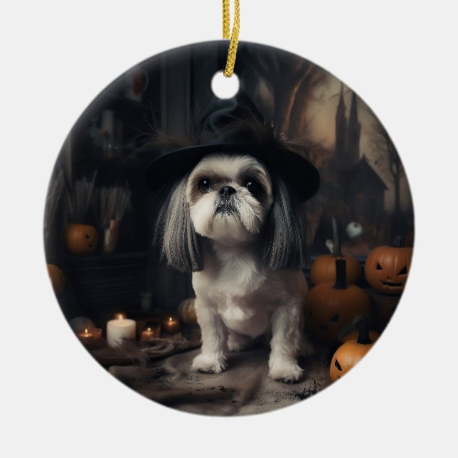 Shih Tzu Pumpkins Halloween Scary Julgransprydnad Keramik (Framsidan)