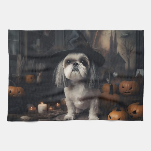 Shih Tzu Pumpkins Halloween Scary Kökshandduk (Horisontell)