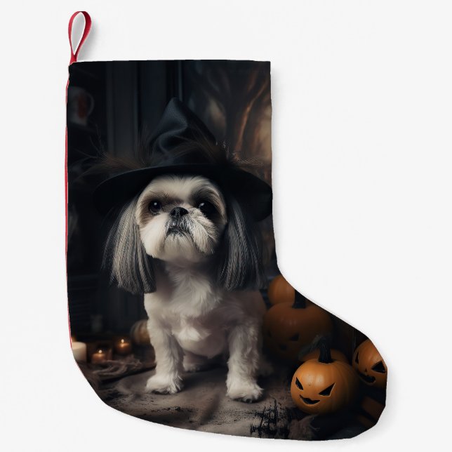 Shih Tzu Pumpkins Halloween Scary Liten Julstrumpa (Framsidan)
