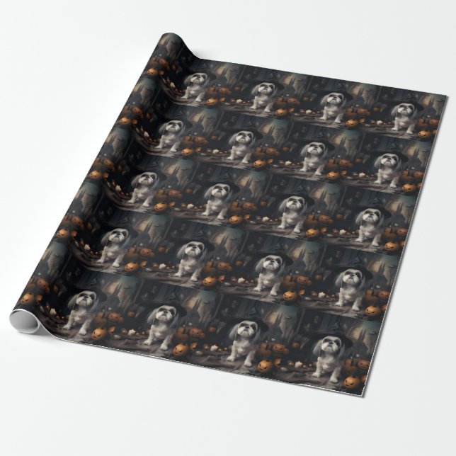 Shih Tzu Pumpkins Halloween Scary Presentpapper (Utrullad)
