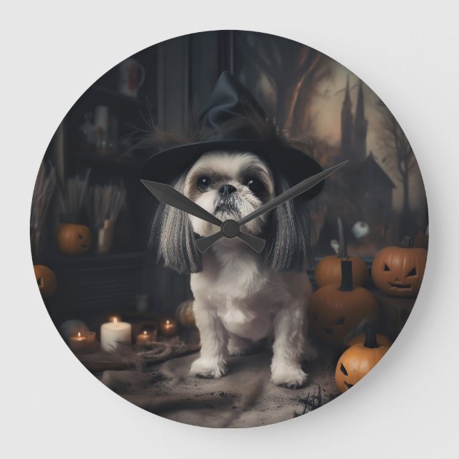 Shih Tzu Pumpkins Halloween Scary Stor Klocka (Framsida)