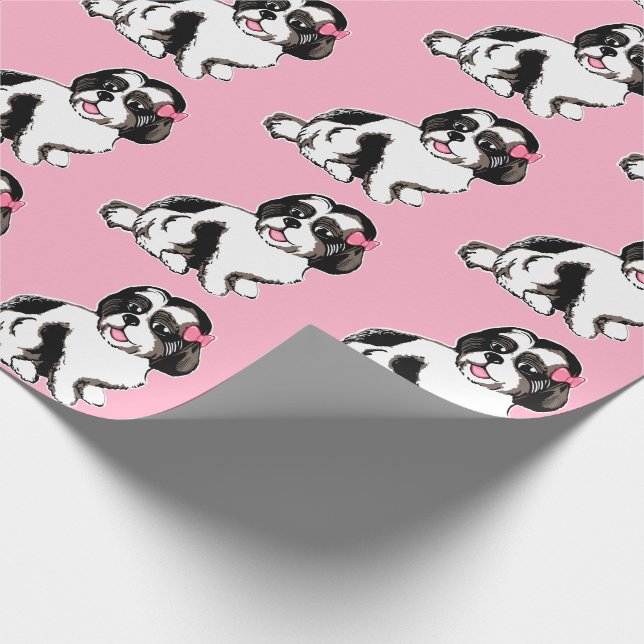 Shih Tzu Puppies Pattern Pink Wrapping Paper Presentpapper (Hörn)
