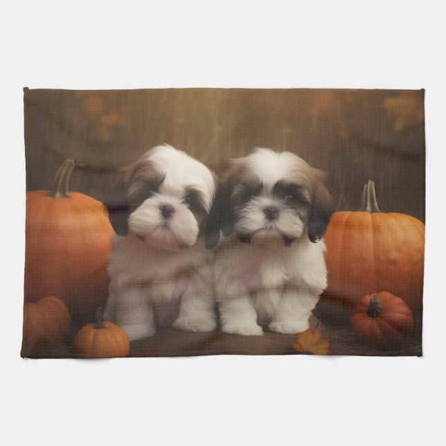 Shih Tzu Puppy Autumn Delight Pumpkin Kökshandduk (Horisontell)