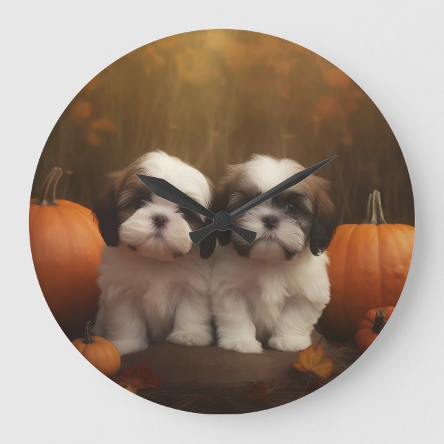 Shih Tzu Puppy Autumn Delight Pumpkin Stor Klocka (Framsida)