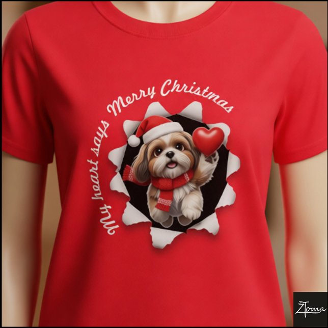 Shih Tzu Puppy Christmas Heart Scarf T Shirt (Skapare uppladdad)