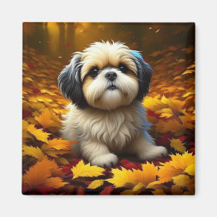 Shih Tzu Puppy Hund spelar i Höst löv Magnet