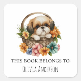 Shih Tzu Puppy i Flower Basket i Bok-Tillhören Fyrkantigt Klistermärke