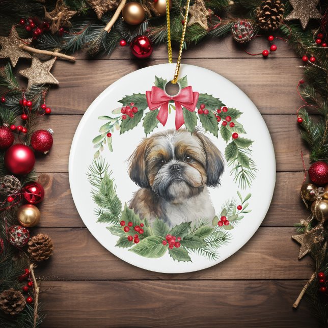Shih Tzu Red Bow Holly-andedräkt Julgransprydnad Keramik (Skapare uppladdad)
