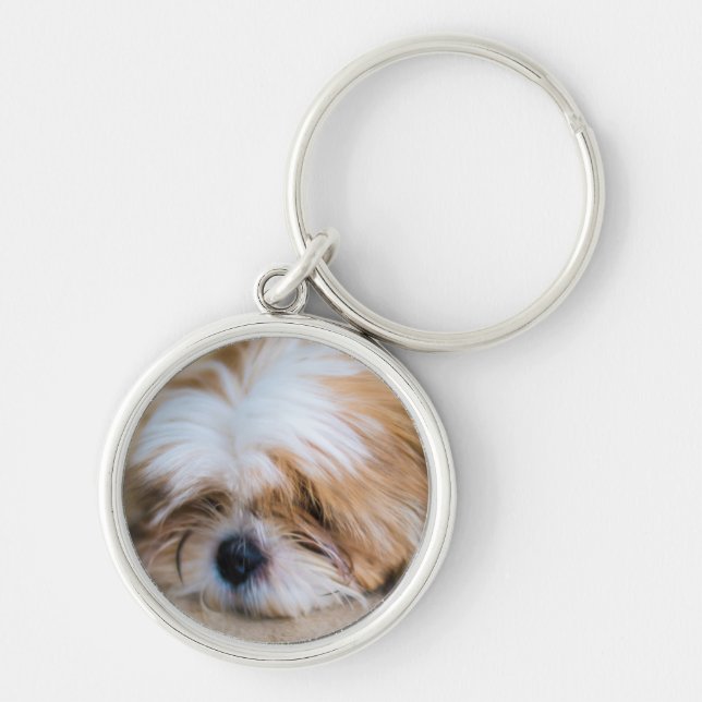 Shih Tzu Rund Silverfärgad Nyckelring (Framsidan)