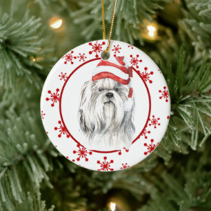 Shih Tzu Santa Hat Red Snowflake Julgransprydnad Keramik