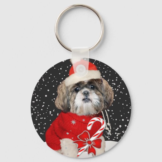 Shih Tzu Santa Season Hälsning Keychain Nyckelring (Framsida)