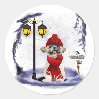 Shih Tzu Santa Snö, julljus, vintergåva Runt Klistermärke