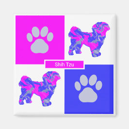 Shih Tzu Silhouette Hund & Tass Rosa och Blue Squa Magnet