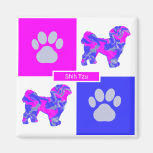 Shih Tzu Silhouette Hund & Tass Rosa och Blue Squa Magnet