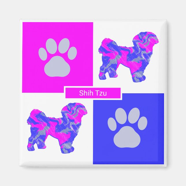 Shih Tzu Silhouette Hund & Tass Rosa och Blue Squa Magnet (Framsidan)